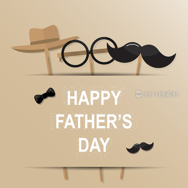 祝您Fatherâ’s节日贺卡。设计蝴蝶结，小胡子，黑色眼镜在复古的纸背景。